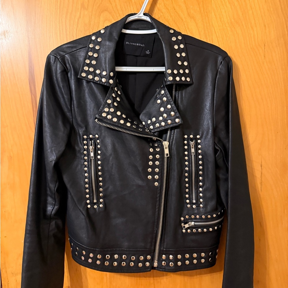 Olivaceous Black Leather Jacket with Silver Studs